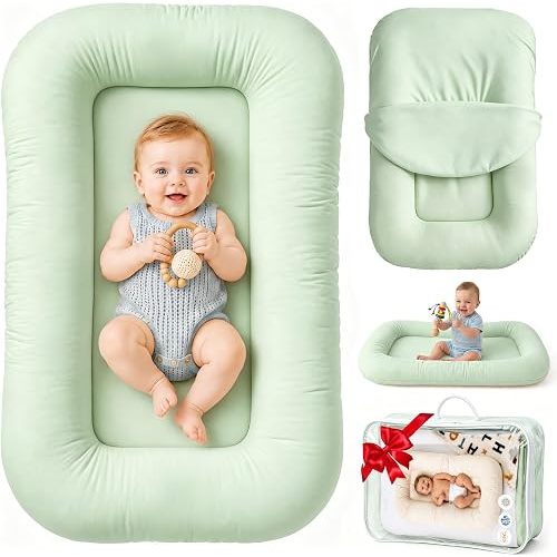 Infant Support Cushion & Baby Support Cushion for Newborn 0-24 Months, Breathable Cotton Pad, Supervised Use, Portable Infant Essentials for Travel and Home, Green (Cover Included