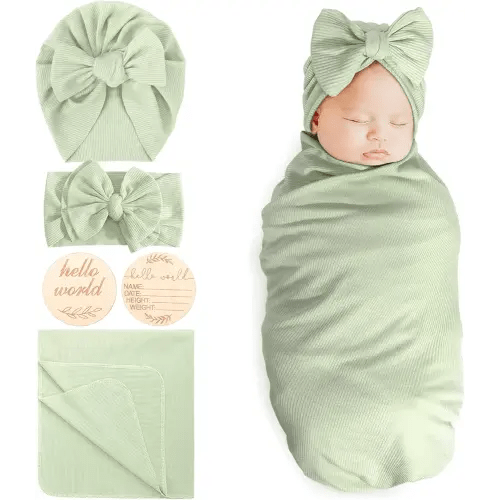 DRESHOW BQUBO Baby Girl Newborn Receiving Blankets with Bow Hat Headband Wooden Birth Announcement Card Set Newborn Baby Swaddle Wrap Set Warm Shower Gift