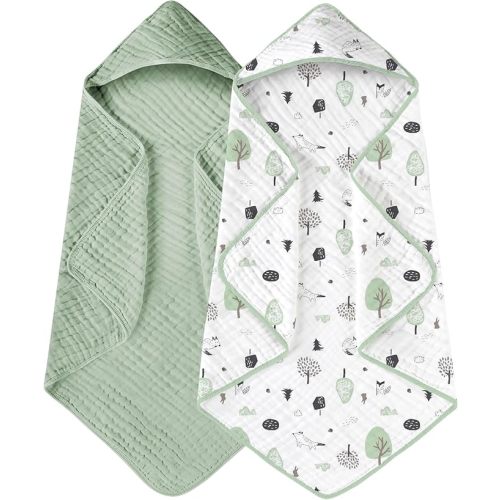 Yoofoss Hooded Baby Towels for Newborn 2 Pack 100% Muslin Organic Cotton Baby Bath Towel with Hood for Babies, Infant, Toddler and Kids, 32x32Inch, Soft and Absorbent Newborn Essential,Forest