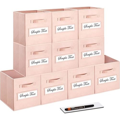 artsdi 11 Inch Storage Cube,Storage bin,cube storage (Set of 10) Foldable Fabric Cube Storage Bins with 10 Labels Window Cards & a Pen,Baskets Containers for Shelves,Closet Organizers Box,Pink