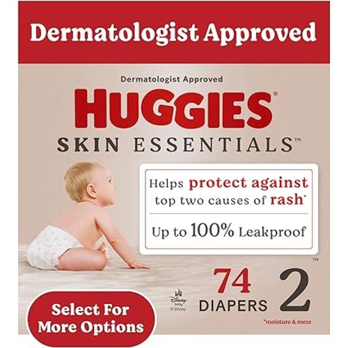 Huggies Size 2 Diapers, Skin Essentials Baby Diapers, Size 2 (12-18 lbs), 74 Count, Packaging May Vary