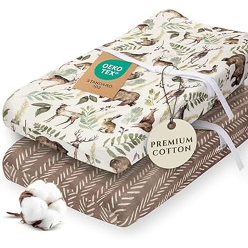 Pobibaby - 2 Pack Premium Changing Pad Cover - Ultra-Soft Cotton Blend, Stylish Woodland Pattern, Safe and Snug for Baby (Wildlife)
