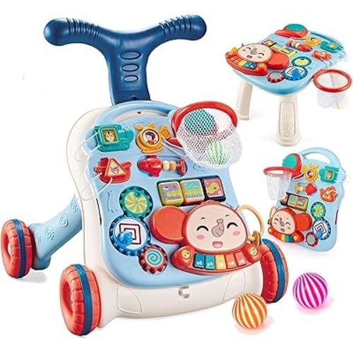 3 in 1 Baby Walker for Girls Boys Sit-to-Stand Walker Learning Walkers Activity Center Table Educational with Removable Play Panel Weight Gain Design Walking Toys for Infant Boys Girls