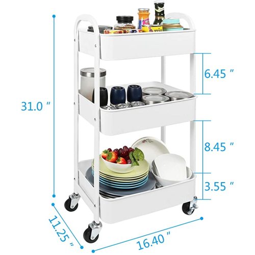 MAX Houser 3-Tier Rolling Utility Cart with Caster Wheels,Easy Assembly, for Kitchen, Bathroom (White)