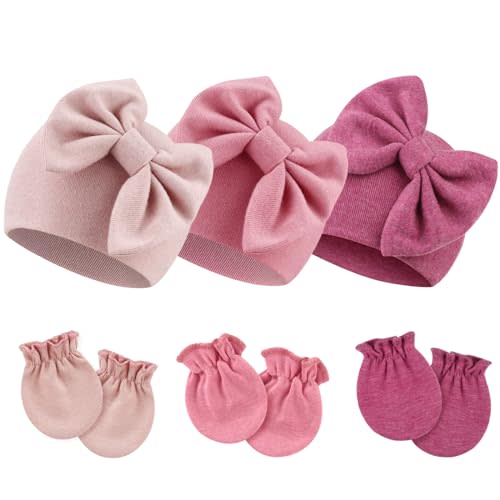 BQUBO Newborn Girls Hats Baby Hat and Mittens Set Infant Caps Bow Hospital Beanie with No Scratch Mittens for Baby Boys Girls
