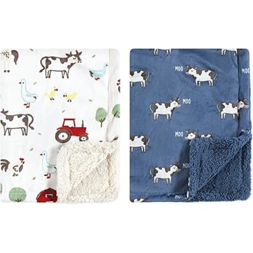 Hudson Baby Unisex Baby Plush Mink and Sherpa Blanket, Boy Farm Animals, One Size