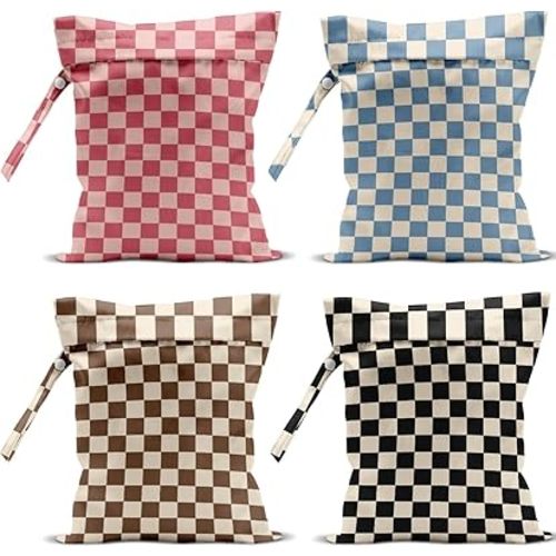 4 Pack Cute Wet Bag Waterproof Washable Reusable Wet Dry Bag for Swimsuit Dirty Clothes Cloth Diaper Travel Pool Yoga Gym Party Camping Toiletries Travel Beach Essentials, Colorful Checkered