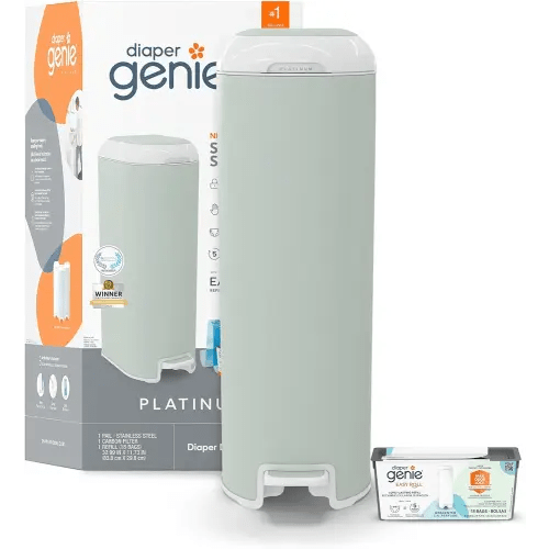 Diaper Genie Platinum Pail (Sage Green) is Made in Durable Stainless Steel and Includes 1 Easy Roll Refill with 18 Bags That can Last up to 5 Months.