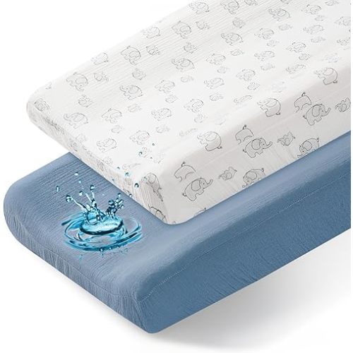 Basumee Muslin Changing Pad Cover Waterproof 2 Pack Baby Changing Table Covers for Boys and Girls Soft Breathable Nursery Diaper Change Table Cover Pad Fits 32"x16", Blue
