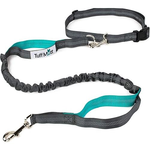 Tuff Mutt Hands-Free Waist Leash for Dog Walking, Running and Hiking, Adjustable Belt with Double Handle, Reflective Bungee Design for Large & Medium Dogs