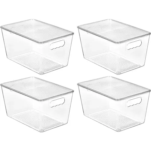 Vtopmart 4 Pack Clear Stackable Storage Bins with Lids, Large Plastic Containers with Handle for Pantry Organizer and Storage,Perfect for Kitchen,Fridge,Cabinet, Closet,Bathroom Organization