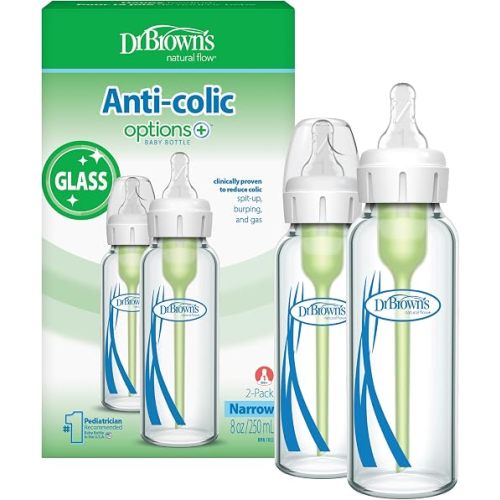 Dr. Brown's Anti-Colic Options+ Narrow Glass Baby Bottle with Level 1 Slow Flow Nipple, BPA-Free, 8 oz/250 mL, 0m+, 2-Pack (Packaging May Vary)