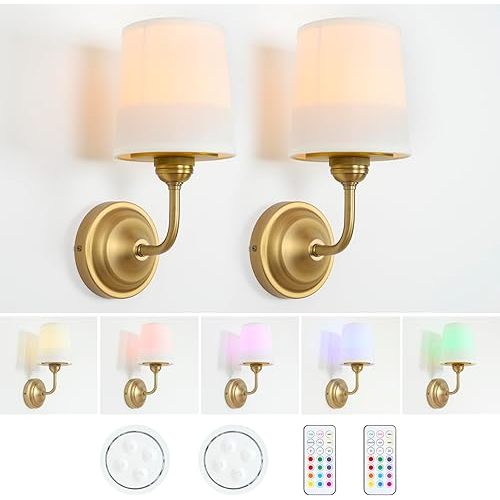HEQIQEH Vintage Gooseneck Battery Operated Wall Sconce Light Fixture Set of 2 with Remote Control, Flared Funnel White Fabric Shade Dimmable Nightstand Lamps for Bedside Bedroom Living Room Lounge
