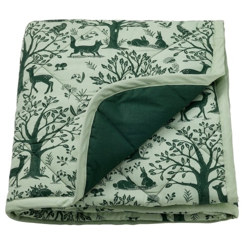 TROLLDOM Quilted blanket - forest animal pattern/green 96x96 cm