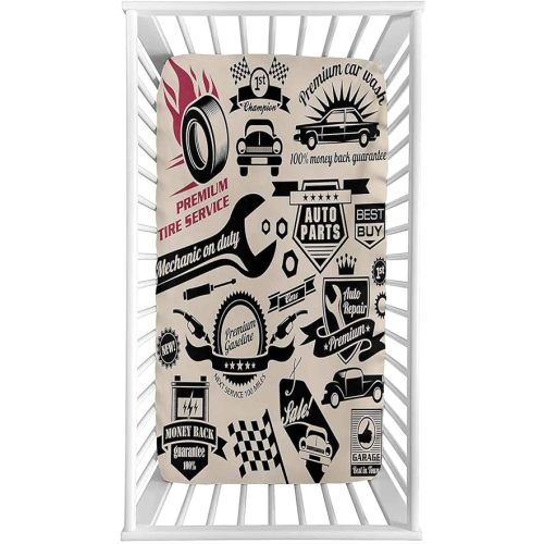 Retro Fitted Crib Sheet,Car Repair Shop Logos Monochrome Car Silhouettes Best Garage in Town Microfiber Silky Soft Toddler Mattress Sheet Fitted,28"x 52"x 8'',Baby Sheet for Boys Girls