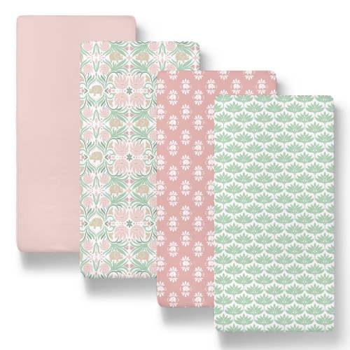 The Peanutshell Baby Bassinet Sheets for Newborns with Botanical Elephant Design, 4-Pack