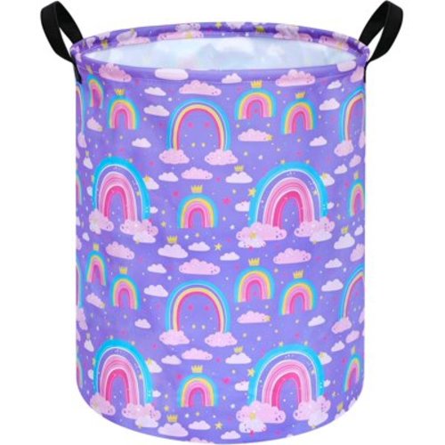 HYKE 19.7 Inch Rainbow Round Kids Round Laundry Clothes Hamper Dino Laundry Basket with Handles,Baby Toys Storage Organizer Bins Laundry Gift Basket for Boys and Girls Room, Bedroom Decor