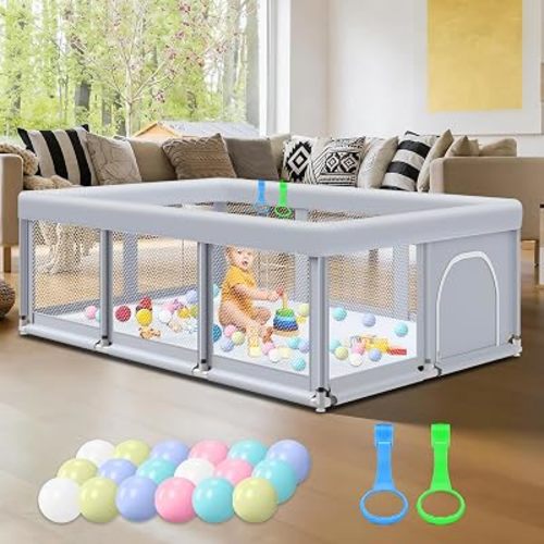 Fshibila 74" ×50" Large Baby Playpen, Baby Playard for Babies and Toddlers, PlayPen for Indoor & Outdoor, Sturdy Safety Play Yard with Soft Breathable Mesh, Anti-Fall, Ball x 18, Handle x 2, Grey