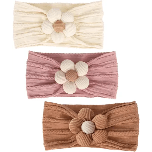 3 Pcs Baby Flower Headbands Baby Girls Nylon Headbands Soft Hairbands Hair Accessories for Newborn Infant Toddler Kids (Yellow,Pink,Brown)