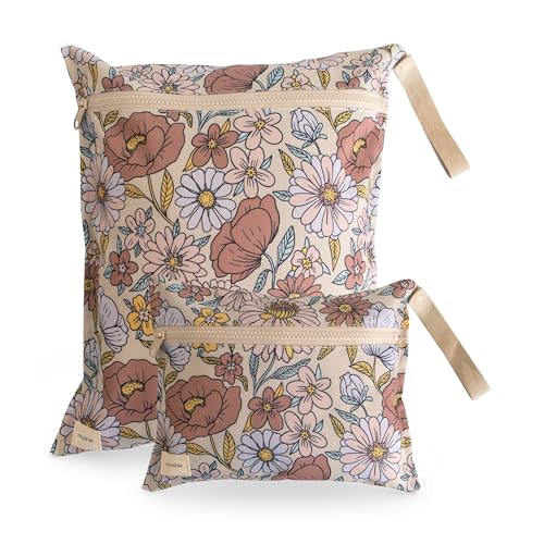 mushie Water Resistant Wet Bags | Large & Small Reusable Storage Bag for Baby Items and Travel | Zippered Pockets with Handle | Machine Washable, Set of 2 (Retro Flowers)