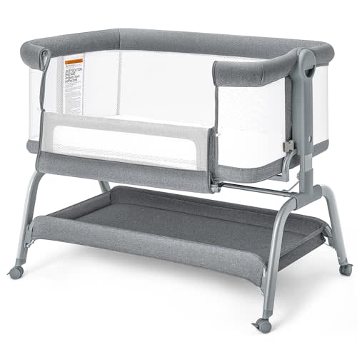 BabyBond Baby Bassinet, 3 in 1 Bassinet Bedside Sleeper with Washable Soft Mattress and Sheet, 6 Height Adjustable Bedside Crib, 4-Sided Mesh Bedside Bassinet for Baby