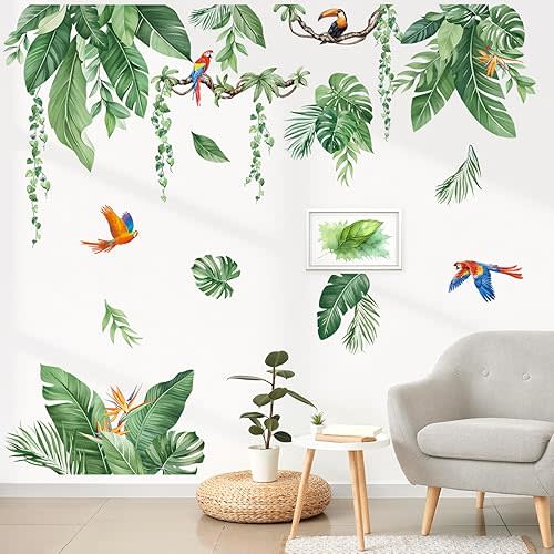 decalmile Tropical Jungle Leaves Wall Decals Palm Leaf Hanging Vines Green Plants Wall Stickers Living Room Bedroom Tv Background Wall Decor