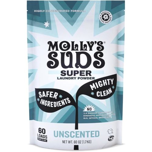 Molly's Suds Unscented Super Powder Detergent | Extra Strength Laundry Soap, Stain Fighting | Sensitive Skin | Simple, Effective Ingredients | 60 Loads