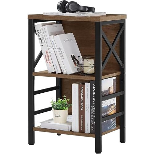 Small Bookshelf,3 Tier Industrial Bookcase with Metal Frame and Backboard,Low Rustic Brown Book Shelf,Book case for Small Spaces,Living Room,Bedroom and Home Office