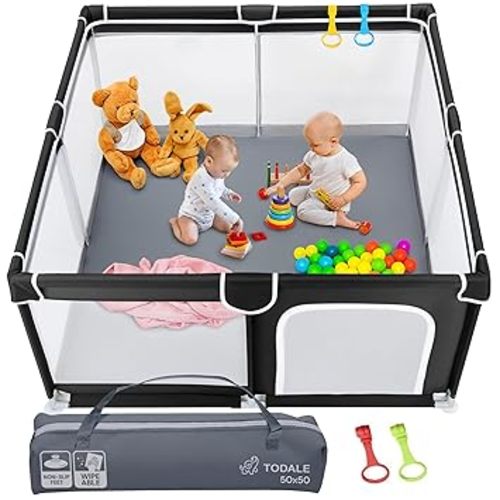 Baby Play Pen - 50 x 50 x 27 in, Black - Portable Foldable Play Pen for Babies & Toddlers with Anti-Slip Base & Breathable Mesh Panels