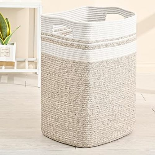 78L Laundry Hamper, Woven Rope Tall Laundry Basket with Handles, Decorative Blanket Basket for Bedroom, Bathroom, Collapsible Baskets for Toys, Clothes, 16”x14”x22”, White & Brown