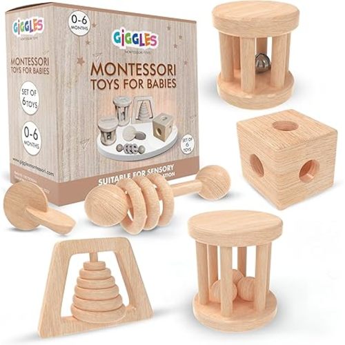 (6 Pack) Babies 0-6 Months, Wooden Baby Toy Rattle, Teether, Teethers, Teething for Babies, Natural Wood, Baby Toys, Infant Circle Rattle, Rattles, Baby Wooden Toys 6-12 (Natural)
