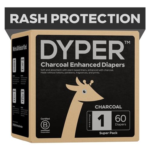 DYPER - Charcoal Enhanced Day & Overnight Disposable Baby Diapers - Made with Plant-Based* & Honest Ingredients, Hypoallergenic for Sensitive Skin - Size 1, (60 Count)