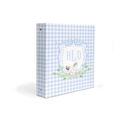 Personalized Baby Memory Book Binder – Blue Gingham Rocking Horse Crest Keepsake Album for Milestones, Photos & First Year Memories