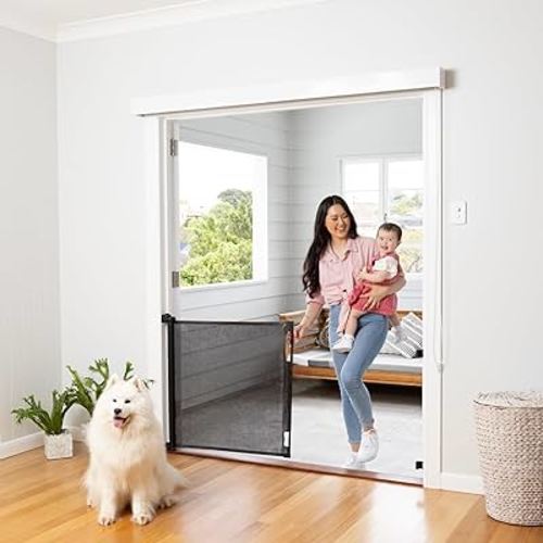 Retractable Baby Gate Perma Child Safety 33" Tall x 71” Wide, Mesh, for Stairs, Doorways, Dogs, Pets, Indoor, Outdoor, One-Handed Operation, Locking, Easy Install, Hardware Mount, Black