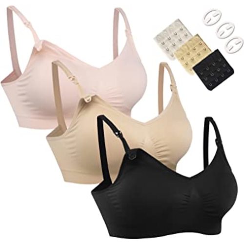 HOFISH 3PACK Full Bust Seamless Nursing Maternity Bras Bralette S-XXL with Extra Bra Extenders & Clips - 03pcs/Pack a Pink Black Beige - Small