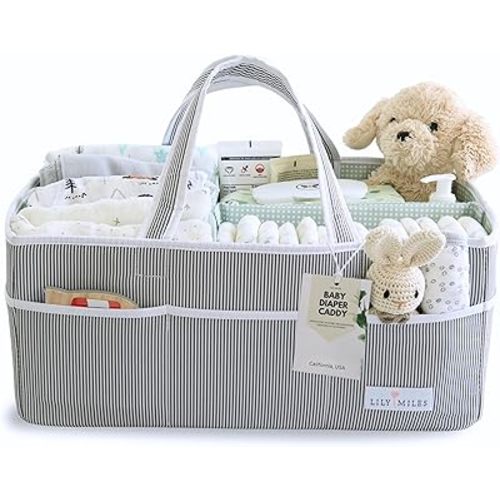 Lily Miles Baby Diaper Caddy - Organizer Tote for Infant Boy or Girl - Baby Shower Basket - Nursery Must Haves - Registry Favorites - Newborn Caddie Car Travel - Gray/Mint, Extra Large