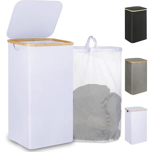 Laundry Basket with Lid, 110L Large Laundry Hamper with Handle and Lid, Collapsible Clothes Basket Organizer with Removable Inner Bag for Clothes Toys Towels - White