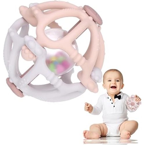 Baby Rattle Teether Toys, Infant Sensory Teething Toys, Silicone Chew Toy with Rattles for Babies 0-3-6-12 to 18 Months, Boys Girls Baby Shower Gifts(Cream)