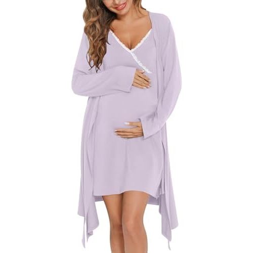 SWOMOG Womens Maternity Robe 2 Piece Nursing Nightgown for Breastfeeding 3 in 1 Labor Delivery Nursing Dress Lace Bathrobe