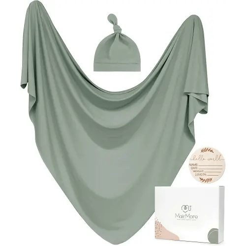 Baby Swaddle Receiving Blankets with Matching Beanie Set Newborn Nursery Swaddle Wrap for Baby Girls and Boys (Green)