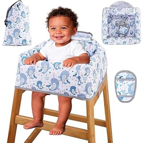 Lunobubo High Chair Cover Portable with 3-Point Harness, Waterproof Baby Seat Cover for Restaurant Travel Home Use, Machine Washable, Fits Wooden Chairs (Blue Whale)