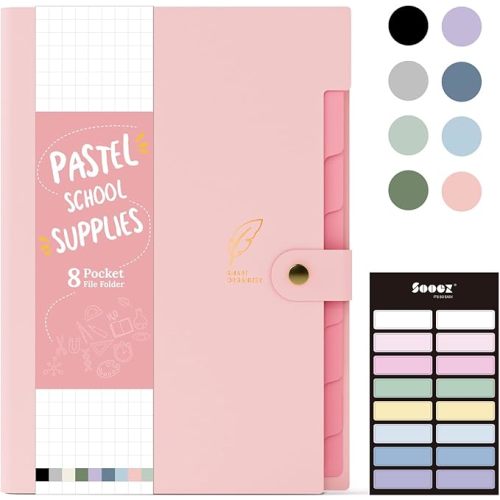 Aesthetic 8 Pocket Accordion File Organizer, Pastels Expanding File Folder for Important Document with Labels, Portable Receipt Bill Paper Organizer for Office School Supplies, Letter Size Pink