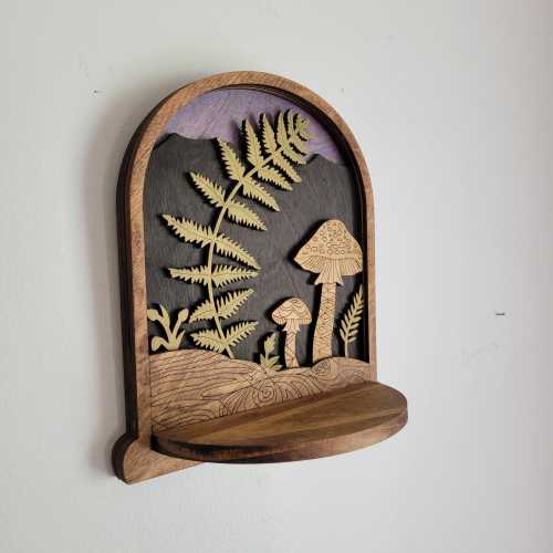 layered mushroom shelf - wall decor- wall hanging- cottage core - shroom- forest - crystal display - forest decor- display shelf- fungus