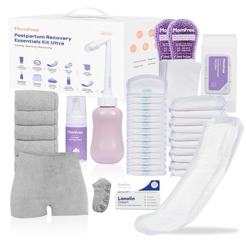 Upgraded Postpartum Essentials Recovery Kit for Women: Labor Delivery Post Partum - Perineal Healing Foam & Upside Down Peri Bottle | 6 Disposable Underwear | Soothing Pads | Nursing & Maxi Pads