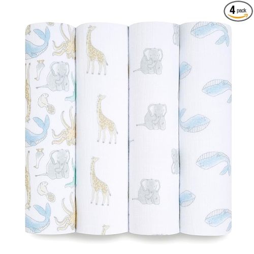 aden + anais Swaddle Blanket, Boutique Muslin Blankets for Girls & Boys, Baby Receiving Swaddles, Ideal Newborn & Infant Swaddling Set, Perfect Shower Gifts, 4 Pack, Natural History