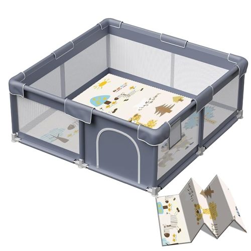 Baby Playpen with Mat, 50x50 Inch Playpen with Mat Waterproof for Babies and Toddlers Play Pen Playards Safety Gate Fence Active Center Indoor - Dark Grey + Mat