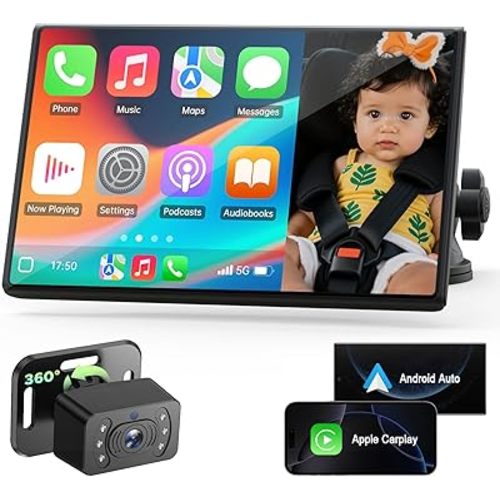 LAMTTO Baby Car Monitor with 7" Split Screen, Wireless CarPlay & Android Auto, HD Rear Camera for Baby with Night Vision, Car Display for iPhone/Android, Easy Install, for SUV/Sedan