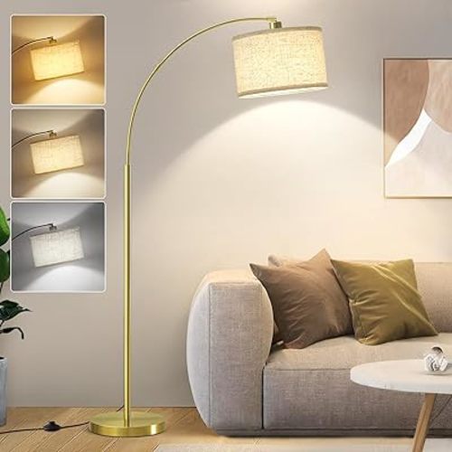 Luvkczc Arc Floor Lamp, 71" Tall Standing Lamp with On/Off Foot Switch, Gold Floor Lamp for Living Room with Adjustable Drum Lampshade, Over Couch Arched Reading Light for Reading, Bedroom, Office