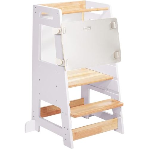 Toddler Kitchen Stools Helper with Adjustable Height and Anti-Slip Protection, Kids Standing Tower with Safety Rail, Kids Montessori Stool with Learning Chalkboard, White