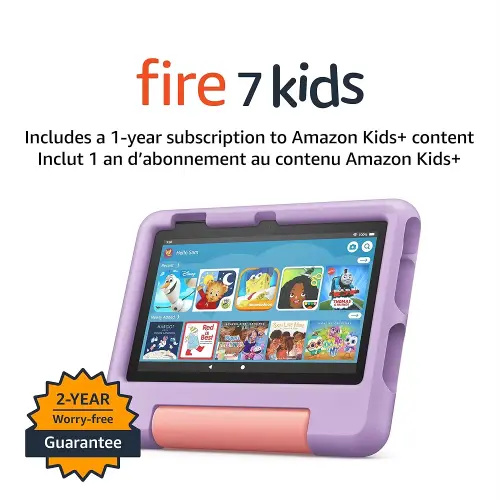 Amazon Fire 7 Kids tablet (newest model), ages 3-7. Top-selling 7" kids tablet on Amazon - 2022, ad-free content with parental controls included, 10-hr battery, 16 GB, Purple
